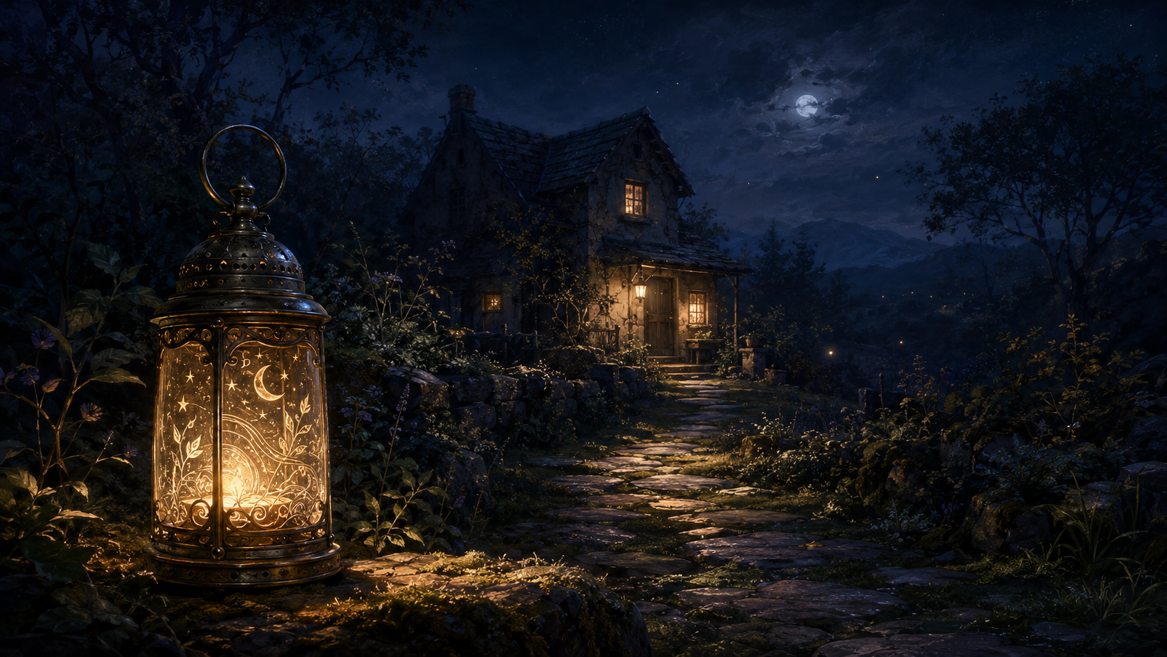 An ornate lantern glowing beside a winding path to a small, warmly lit house beneath an indigo night sky
