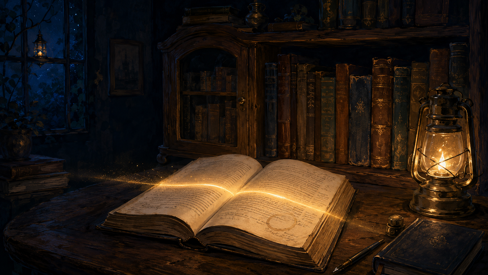 An intact old book open beneath a gentle band of golden scanning light, surrounded by vintage books and warm lanterns in a dark blue reading room.