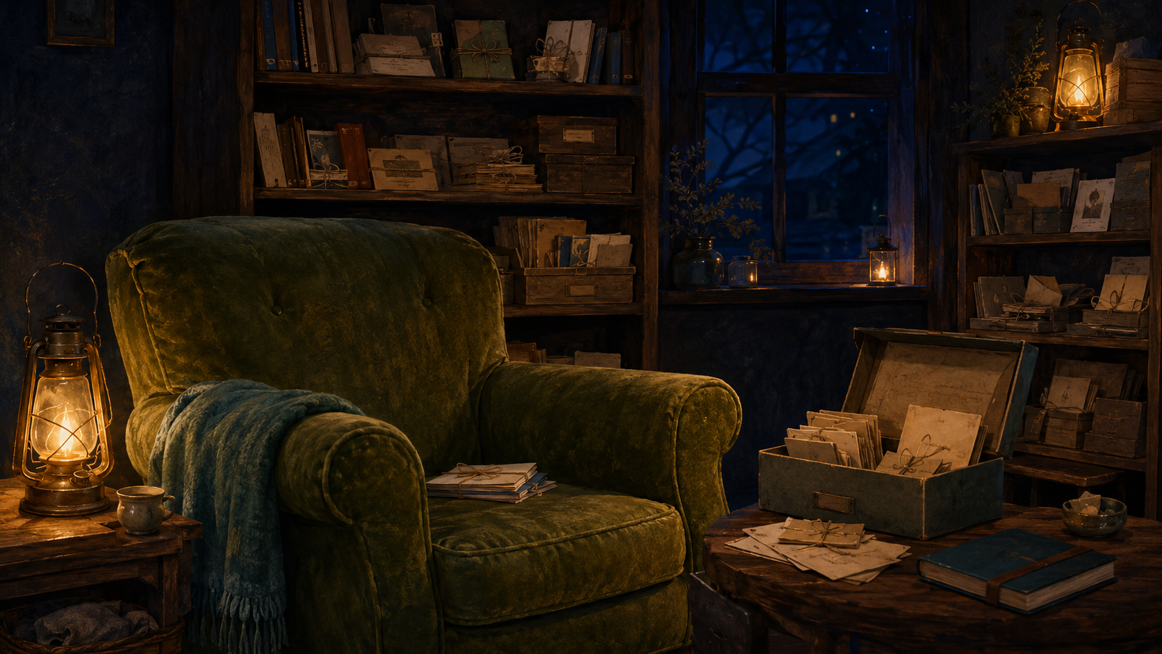 An old room filled with books, notes and card boxes next to a moss-green, cozy reading chair.