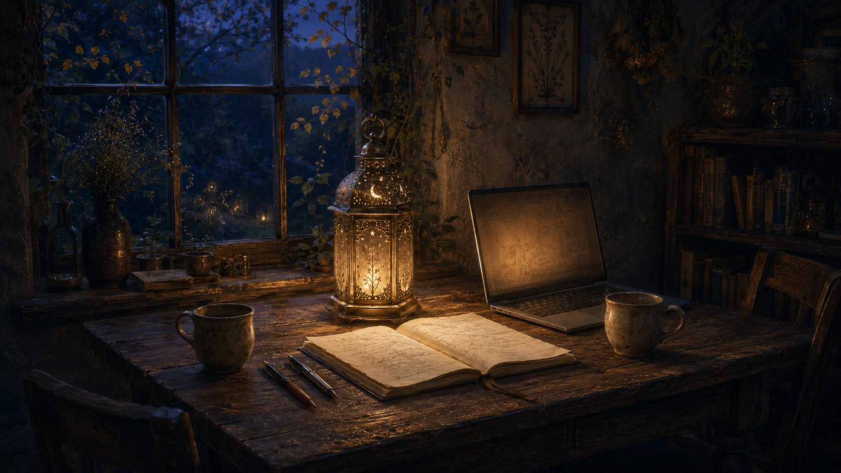A warmly lit writing table beside an open window at dusk, with a brass lantern, an open notebook, two pens, two mugs, and a laptop overlooking an autumn garden.