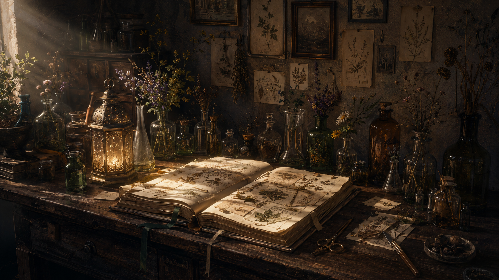 An open scrapbook surrounded by botanical sketches, wildflowers and apothecary glass, warmed by sunlight and a softly glowing lantern.