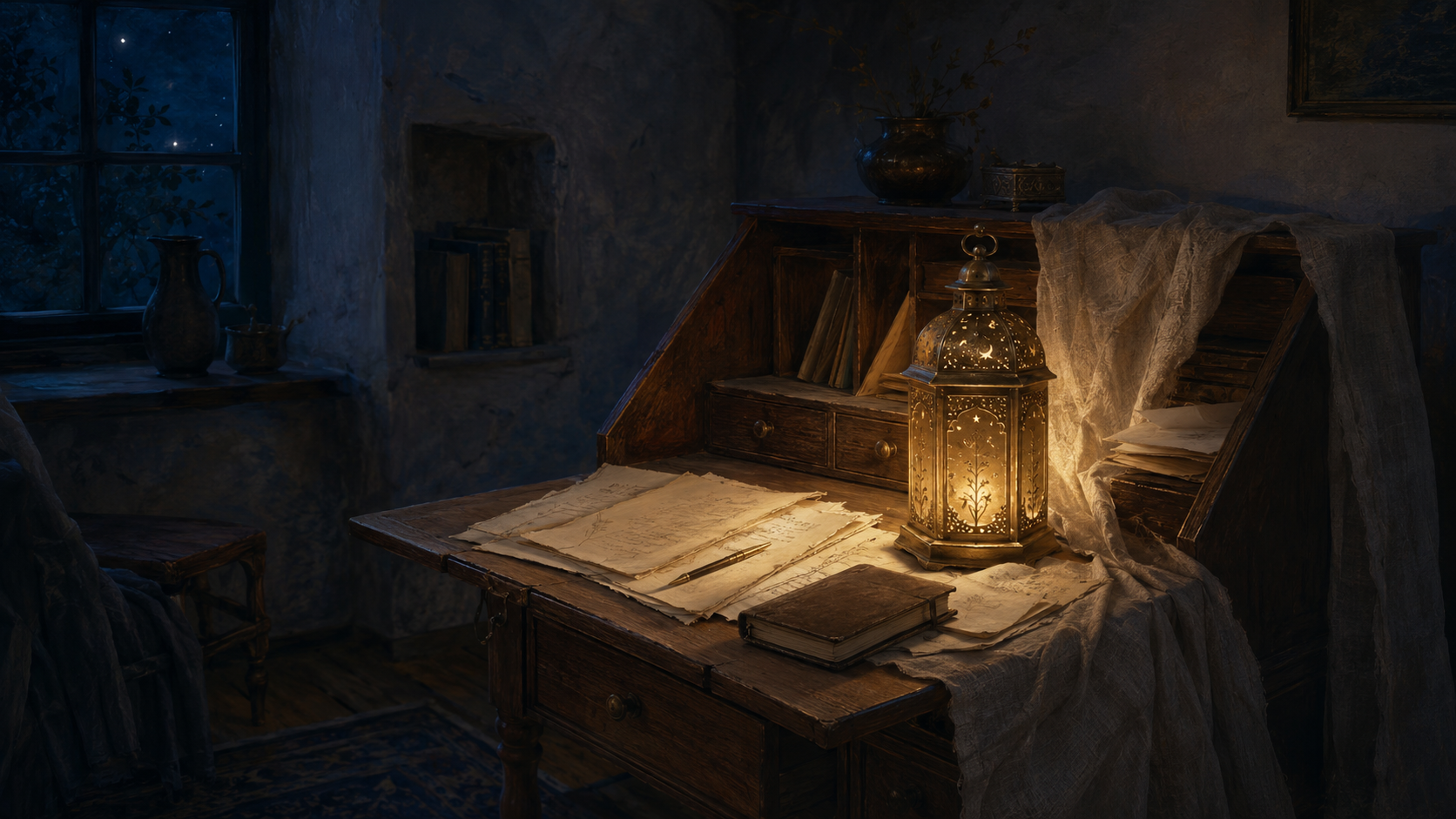 An old writing nook with papers, dust sheets, and a softly glowing lantern.